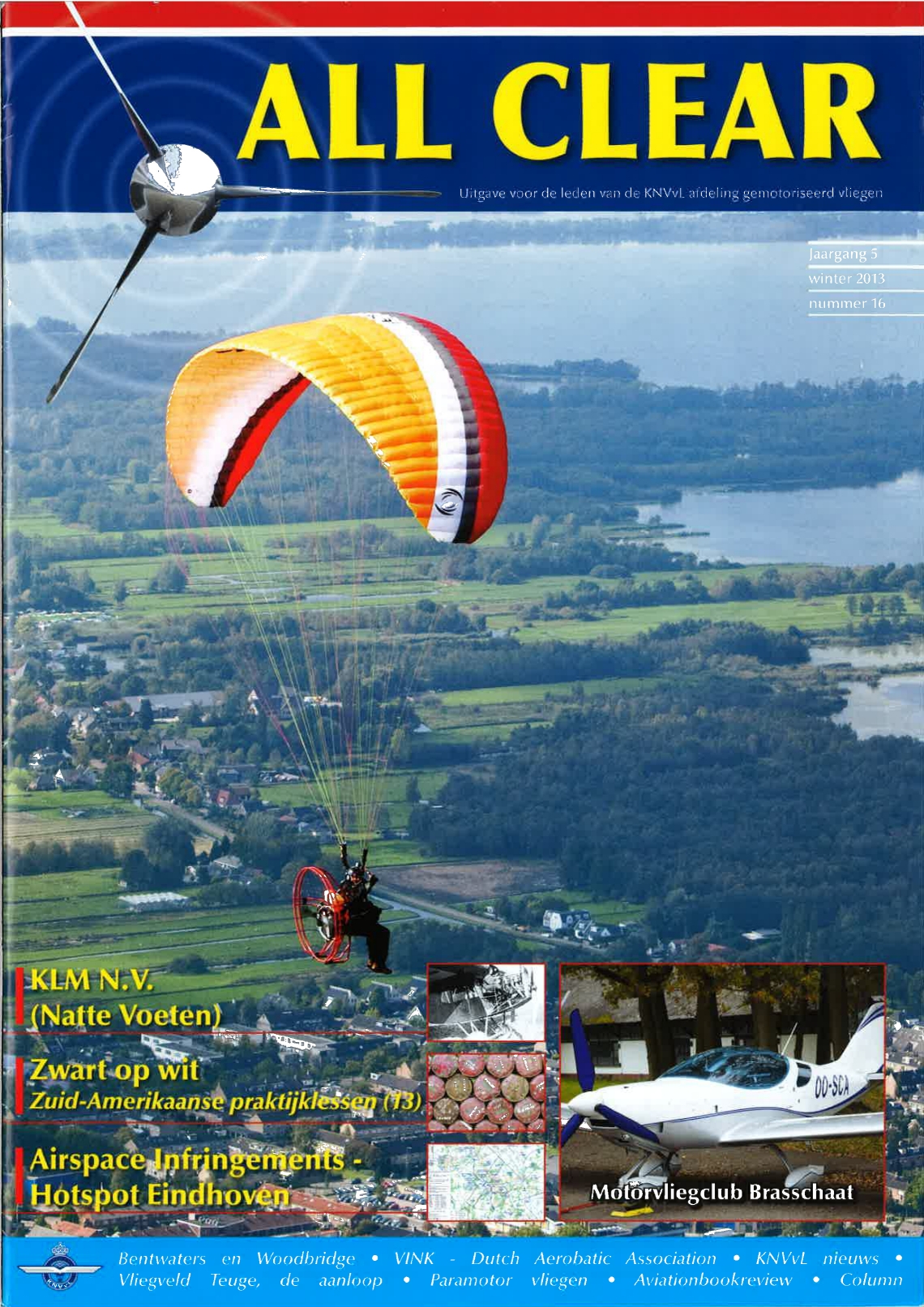 cover of the magazine all clear showing an ultralight flying over holland