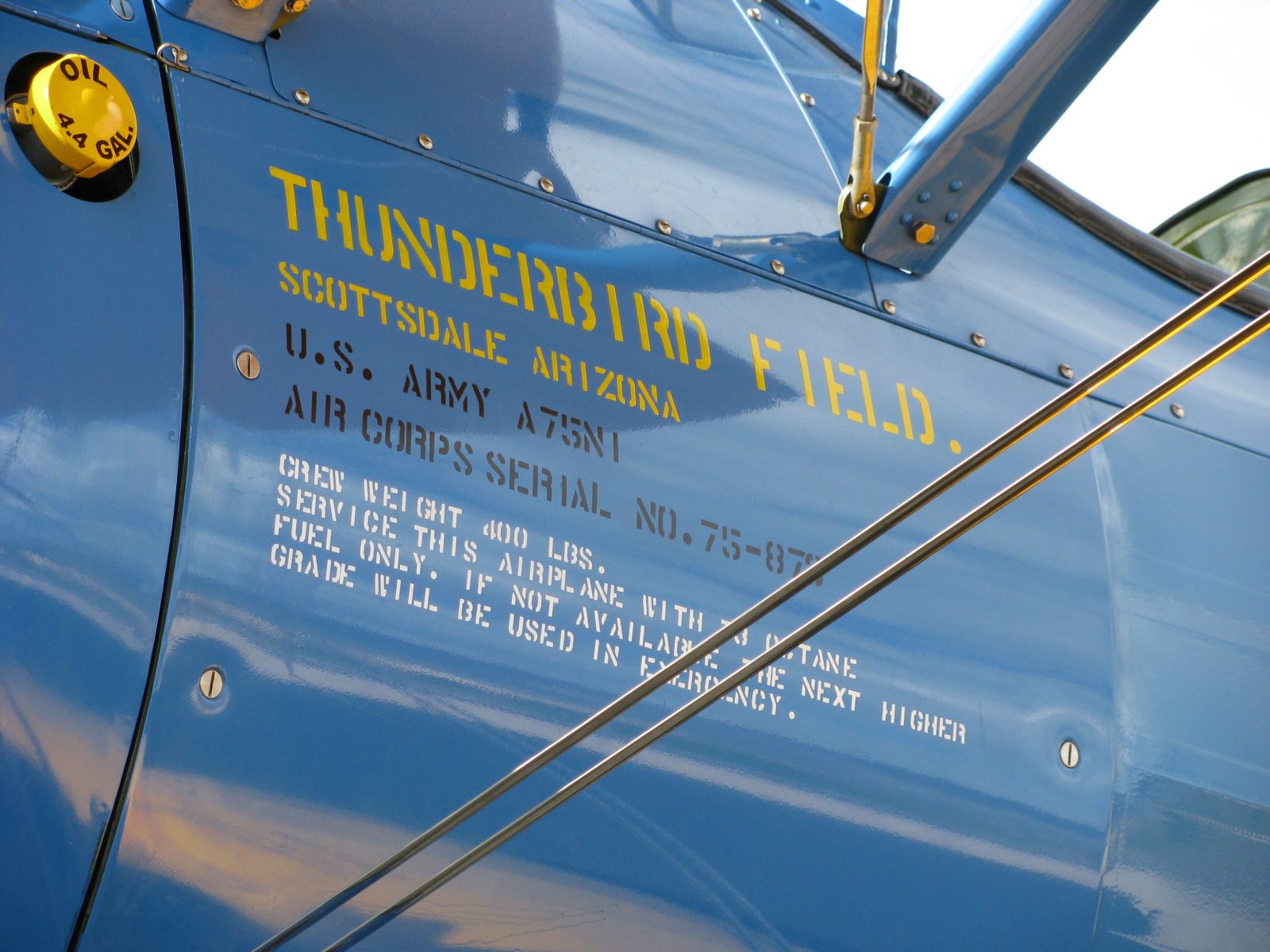 close up of stearman biplane with the words thunderbird field