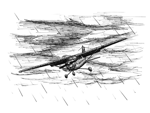 ink drawing of a cessna 172 flying in a rainstorm