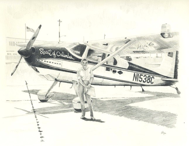 pencil drawing of jerrie mock and her airplane, the spirit of columbus